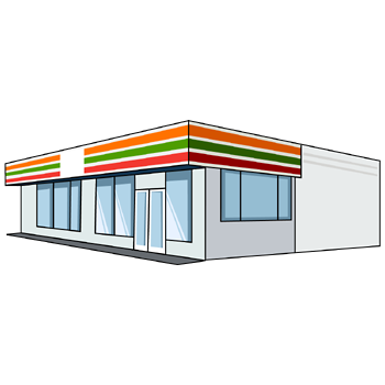 コンビニのイラスト01（オレンジ、グリーン、レッドにホワイトの塀・左向き）PNG