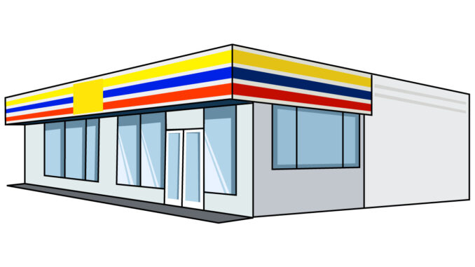 会員登録不要で無料でダウンロードできるコンビニのイラスト02（イエロー、ブルー、レッドのラインにホワイトの塀・左向き）[JPG]