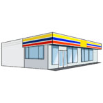 会員登録不要で無料でダウンロードできるコンビニのイラスト07（イエロー、ブルー、レッドのラインにホワイトの塀・右向き）[JPG]