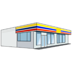 会員登録不要で無料でダウンロードできるコンビニのイラスト07（イエロー、ブルー、レッドのラインにホワイトの塀・右向き）[PNG]