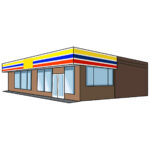 コンビニのイラスト13（イエロー、ブルー、レッドのラインにブラウンの塀・左向き）[JPG]