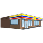 コンビニのイラスト19（イエロー、ブルー、レッドのラインにブラウンの塀・右向き）[JPG]