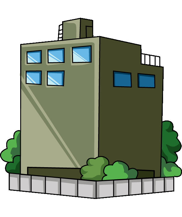 垣根のあるビルのイラスト01（グリーンのビル・左向き）GIF
