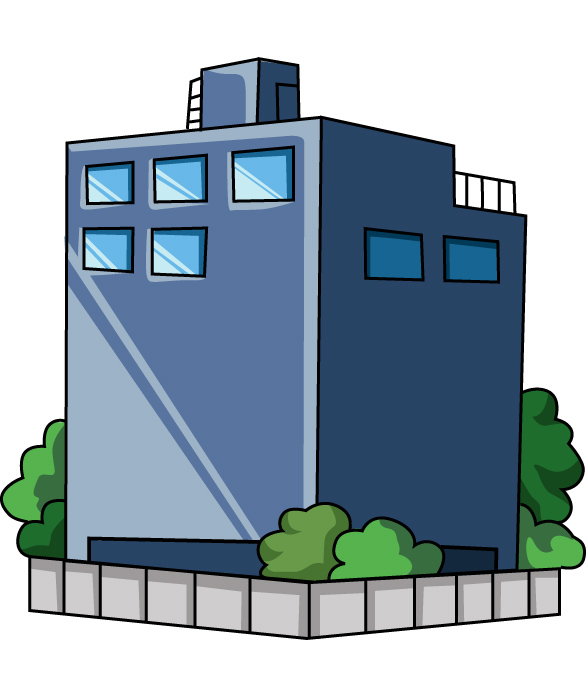 垣根のあるビルのイラスト02（ブルーのビル・左向き）JPG