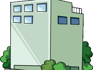 垣根のあるビルのイラスト06（ライトグリーンのビル・左向き）［GIF］