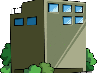 垣根のあるビルのイラスト07（グリーンのビル・右向き）［GIF］