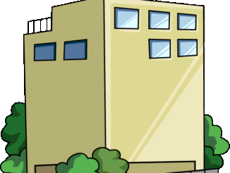 垣根のあるビルのイラスト11（ベージュのビル・右向き）［GIF］