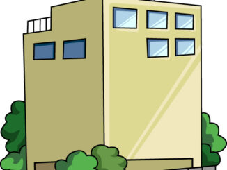 垣根のあるビルのイラスト11（ベージュのビル・右向き）［JPG］