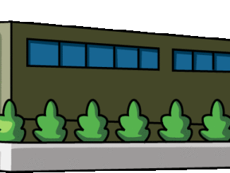 垣根のある横長のビルのイラスト01（グリーンのビル・左向き）［GIF］
