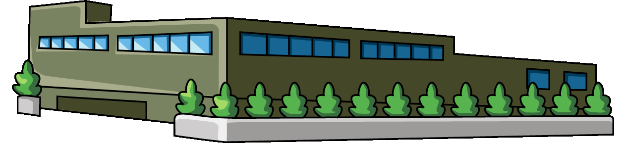 垣根のある横長のビルのイラスト01（グリーンのビル・左向き）GIF