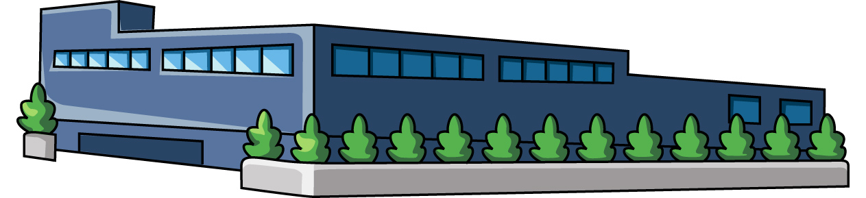 垣根のある横長のビルのイラスト02（ブルーのビル・左向き）JPG