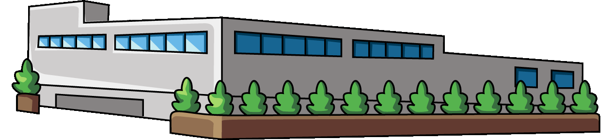 垣根のある横長のビルのイラスト04（グレーのビル・左向き）GIF