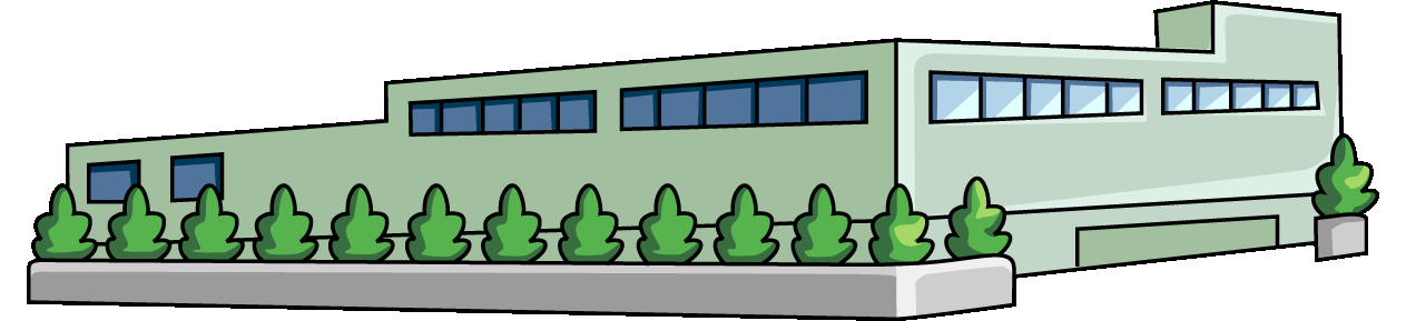 垣根のある横長のビルのイラスト12（ライトグリーンのビル・右向き）GIF