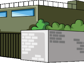 塀のある建物のイラスト01（グリーンのビル・左向き）［GIF］