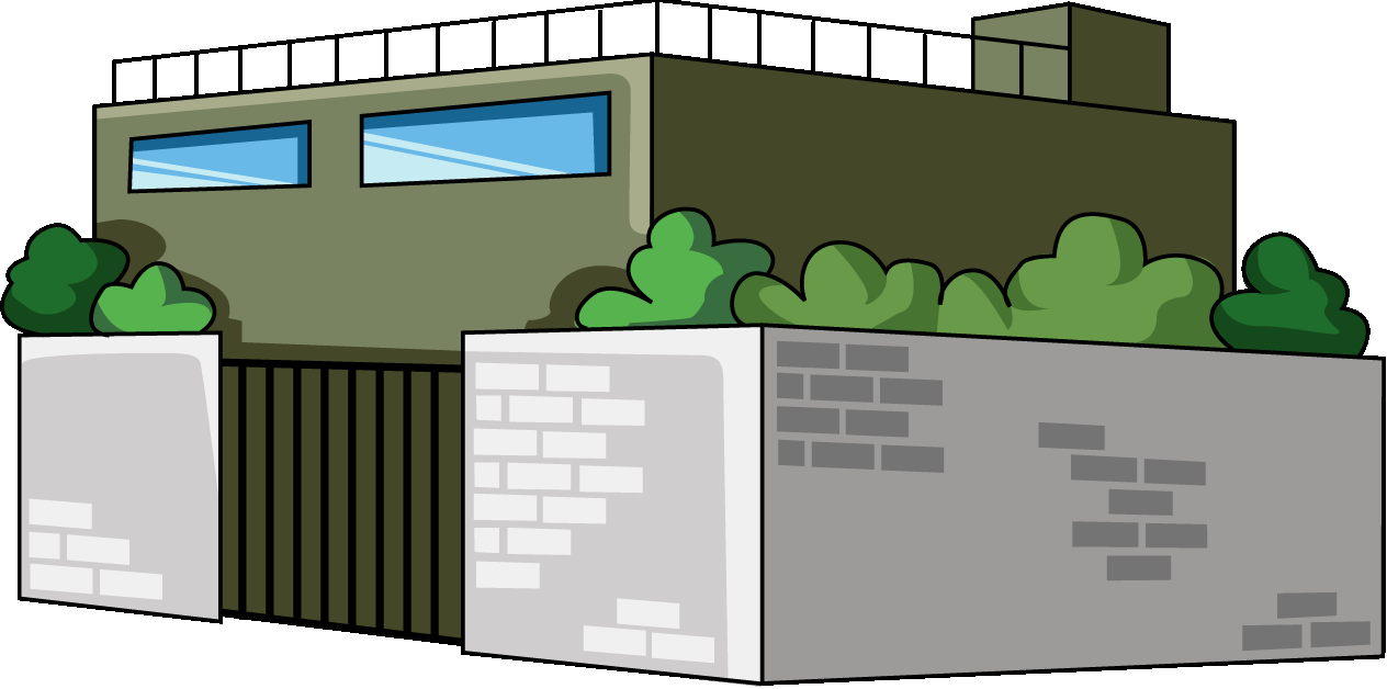 塀のある建物のイラスト01（グリーンのビル・左向き）GIF