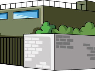 塀のある建物のイラスト01（グリーンのビル・左向き）［JPG］