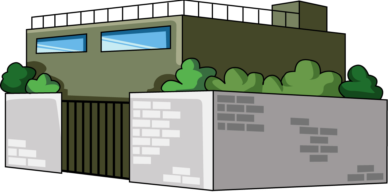 塀のある建物のイラスト01（グリーンのビル・左向き）JPG