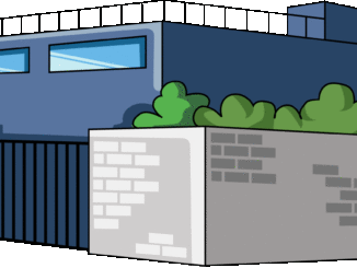 塀のある建物のイラスト02（ブルーのビル・左向き）［GIF］