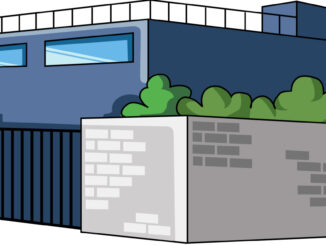 塀のある建物のイラスト02（ブルーのビル・左向き）［JPG］