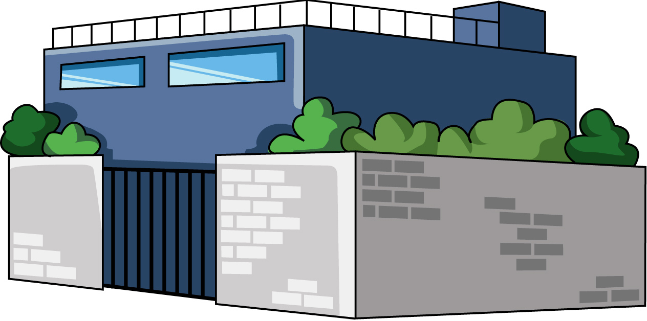 塀のある建物のイラスト02（ブルーのビル・左向き）JPG