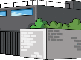 塀のある建物のイラスト03（ブラックのビル・左向き）［GIF］