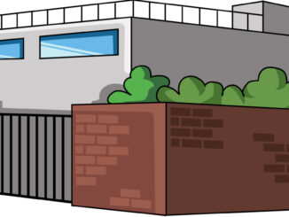 塀のある建物のイラスト04（グレーのビル・左向き）［JPG］