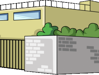 塀のある建物のイラスト05（ベージュのビル・左向き）［GIF］