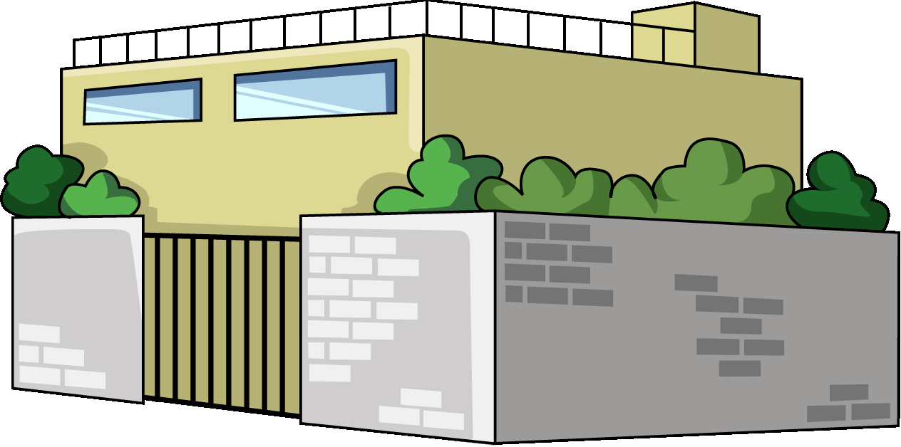 塀のある建物のイラスト05（ベージュのビル・左向き）GIF