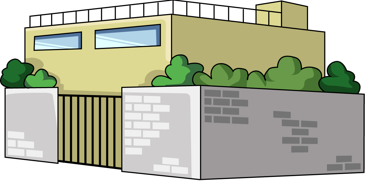 塀のある建物のイラスト05（ベージュのビル・左向き）JPG