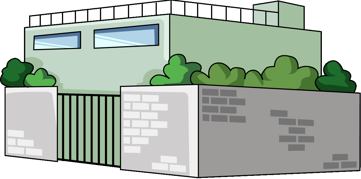 塀のある建物のイラスト06（ライトグリーンのビル・左向き）GIF