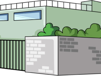 塀のある建物のイラスト06（ライトグリーンのビル・左向き）［JPG］