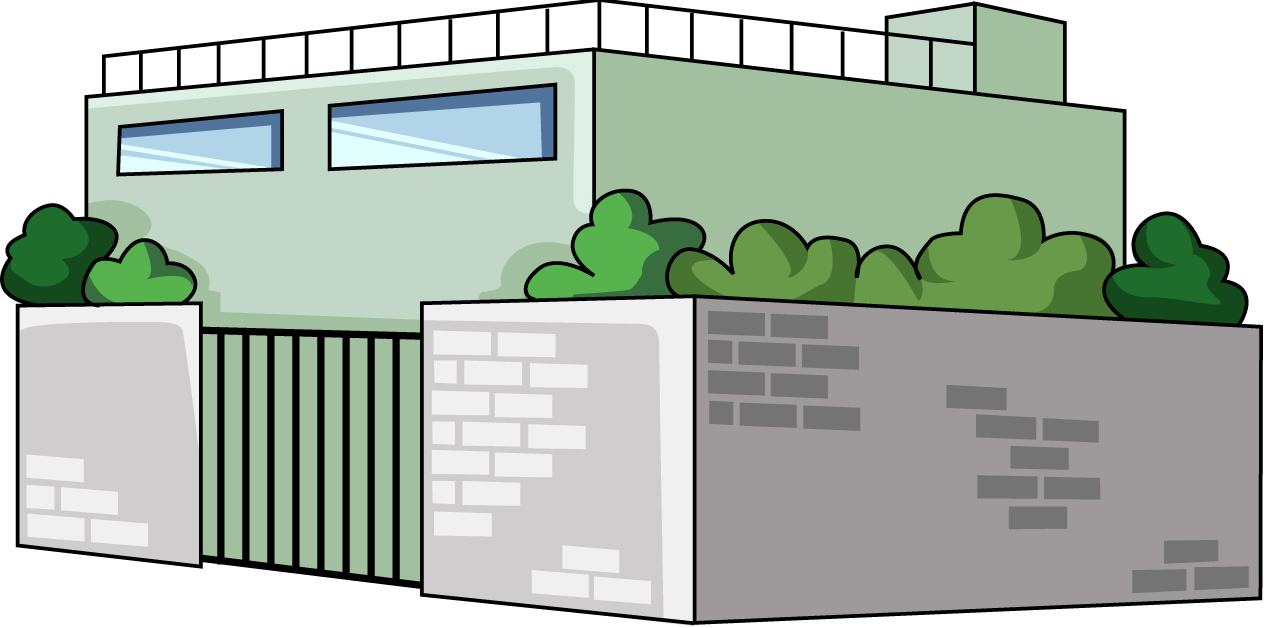 塀のある建物のイラスト06（ライトグリーンのビル・左向き）JPG