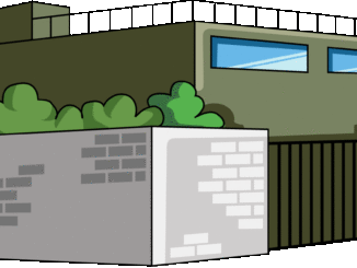 塀のある建物のイラスト07（グリーンのビル・右向き）［GIF］