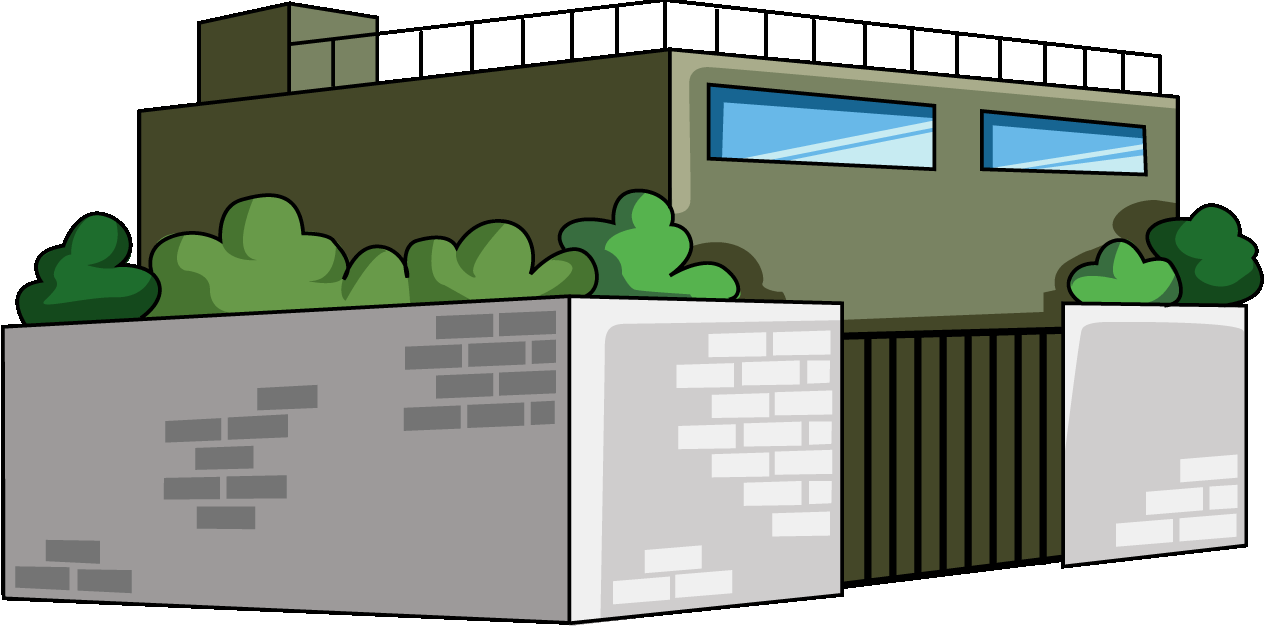 塀のある建物のイラスト07（グリーンのビル・右向き）GIF