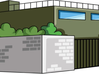 塀のある建物のイラスト07（グリーンのビル・左向き）［JPG］