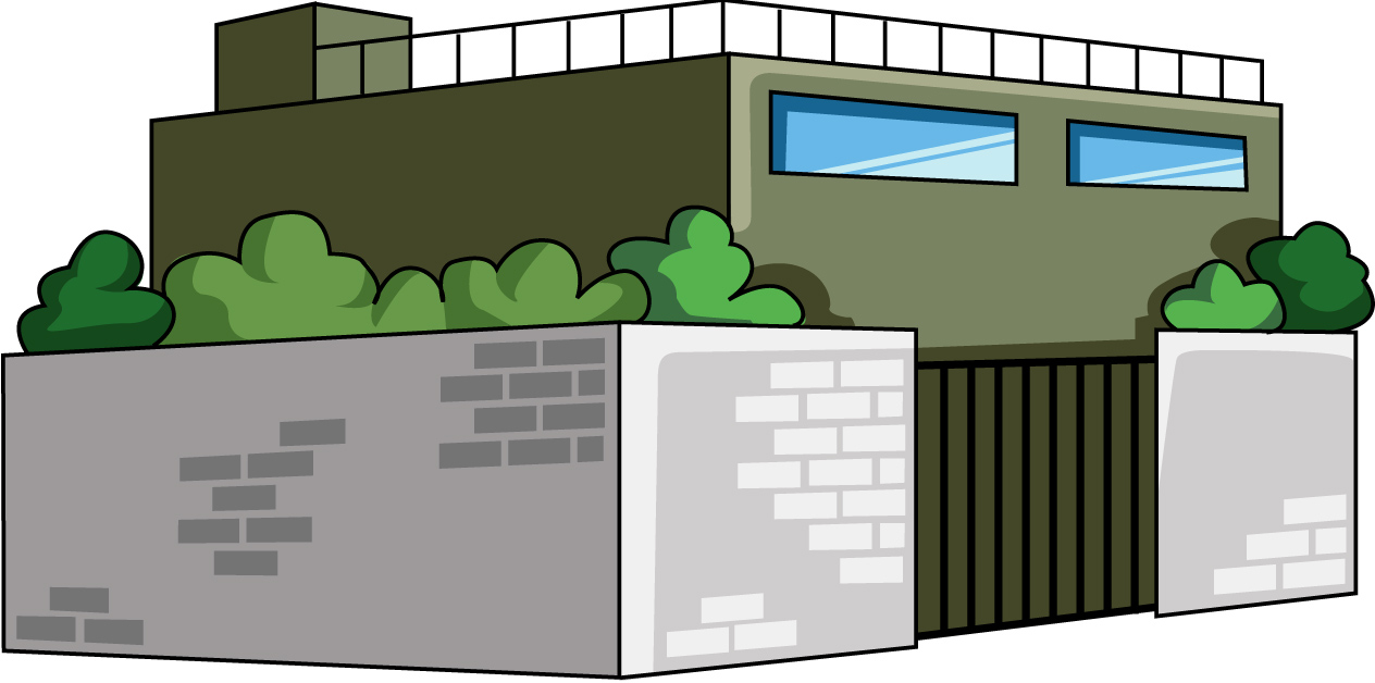 塀のある建物のイラスト07（グリーンのビル・右向き）JPG