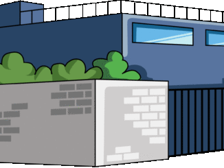 塀のある建物のイラスト08（ブルーのビル・右向き）［GIF］