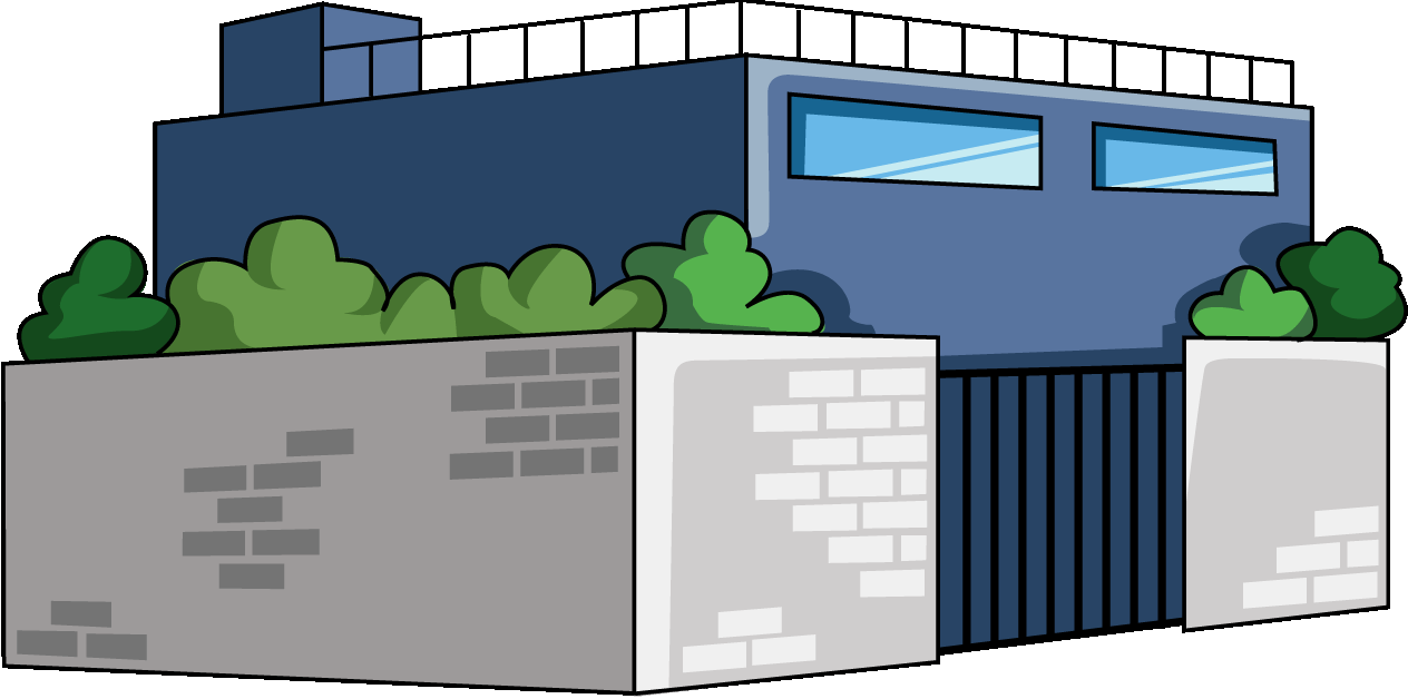 塀のある建物のイラスト08（ブルーのビル・右向き）GIF