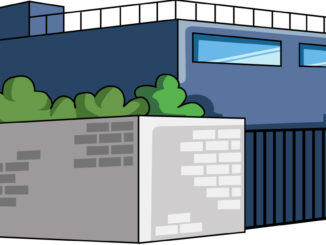 塀のある建物のイラスト08（ブルーのビル・左向き）［JPG］