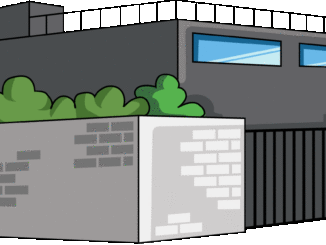 塀のある建物のイラスト09（ブラックのビル・右向き）［GIF］