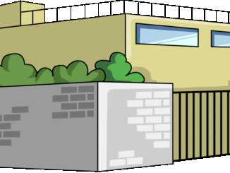 塀のある建物のイラスト11（ベージュのビル・右向き）［GIF］