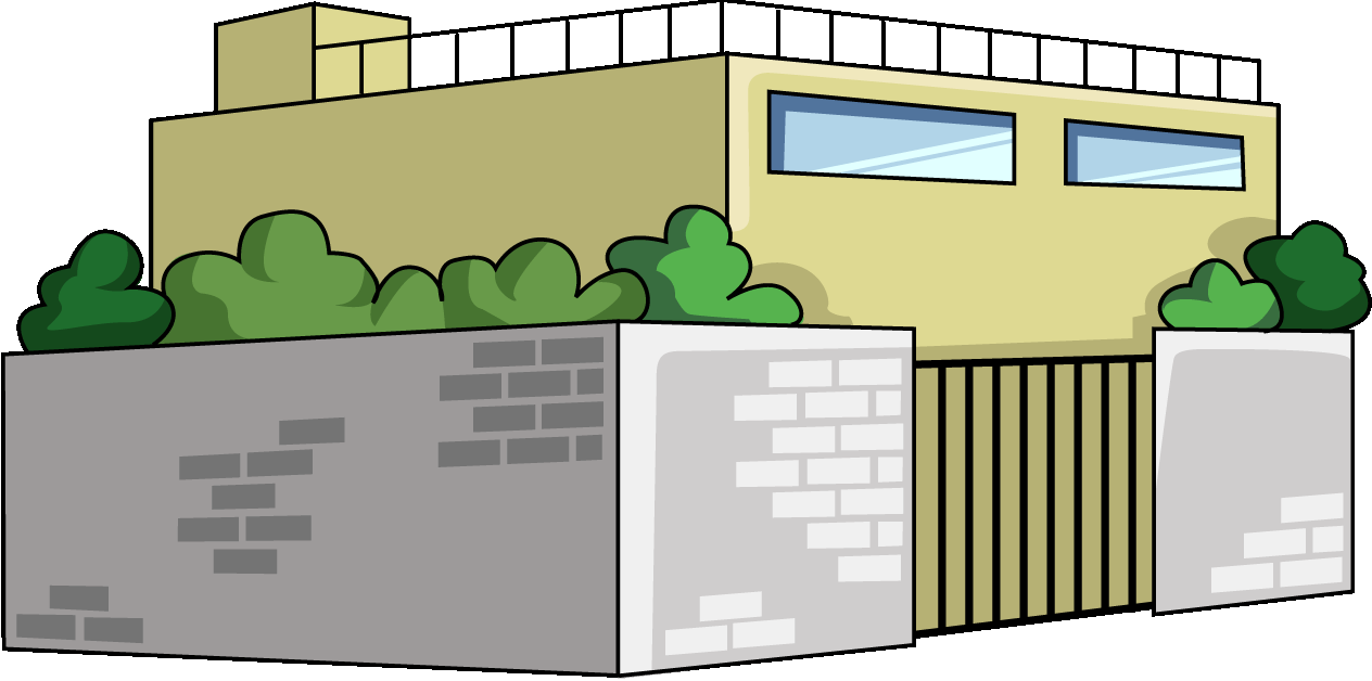 塀のある建物のイラスト11（ベージュのビル・右向き）GIF