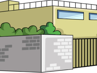 塀のある建物のイラスト11（ベージュのビル・左向き）［JPG］