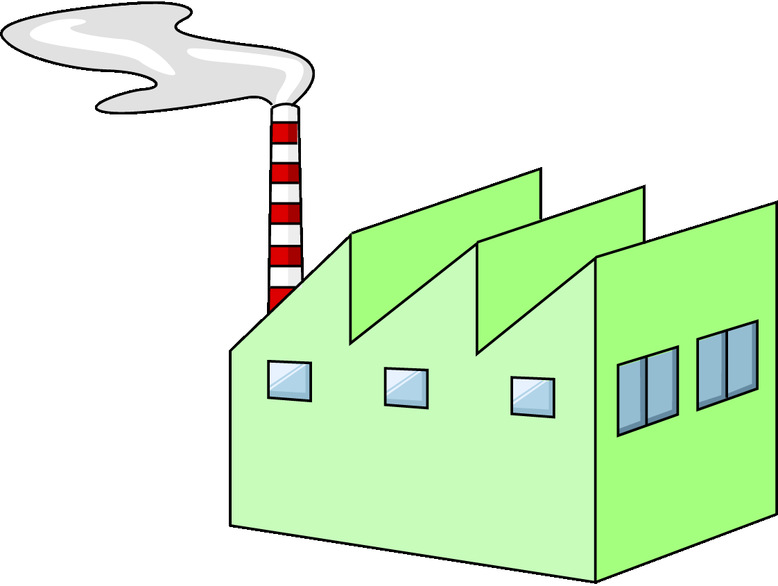 工場のイラスト03（煙が出てるグリーンの工場・左向き）PNG