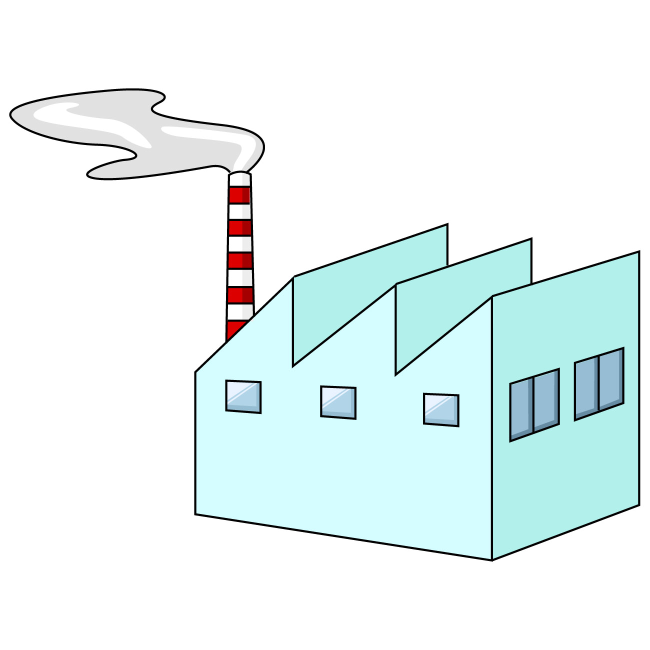 工場のイラスト04（煙が出てるライトブルーの工場・左向き）JPG