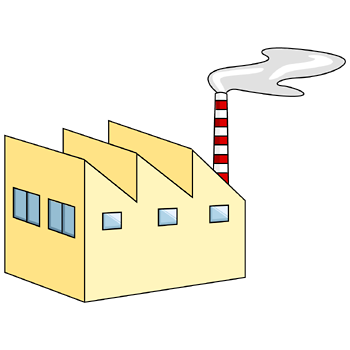 工場のイラスト07（煙が出てるイエローの工場・右向き）PNG