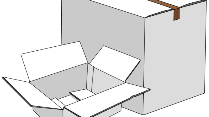 会員登録不要で無料でダウンロードできる段ボール箱のイラスト01（閉じている段ボール箱と並んでいる開いた段ボール箱・ホワイト）[JPG]