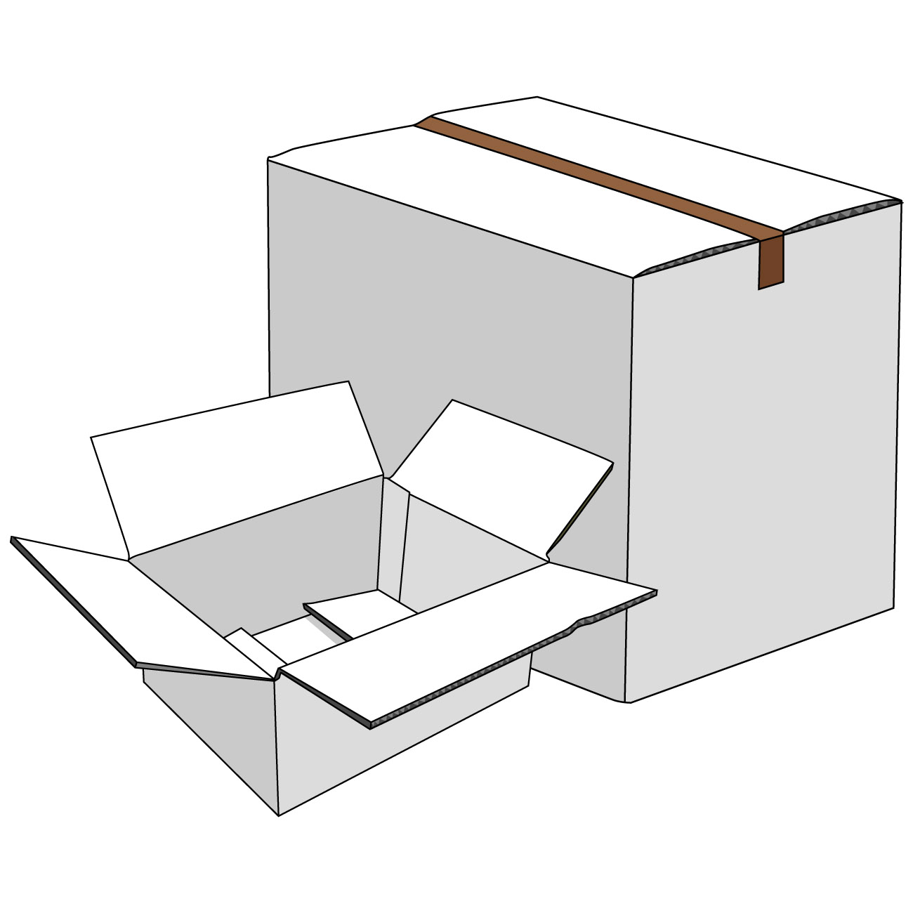 会員登録不要で無料でダウンロードできる段ボール箱のイラスト01（閉じている段ボール箱と並んでいる開いた段ボール箱・ホワイト）[JPG]