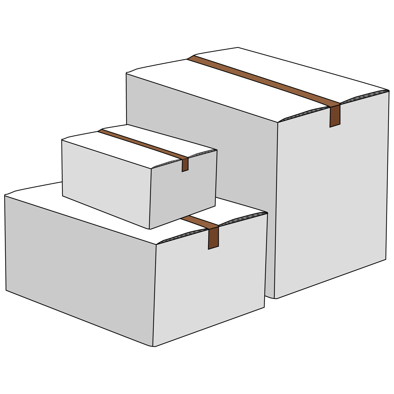 段ボール箱のイラスト03（大きさの違う3個の閉じている段ボール箱・ホワイト）JPG