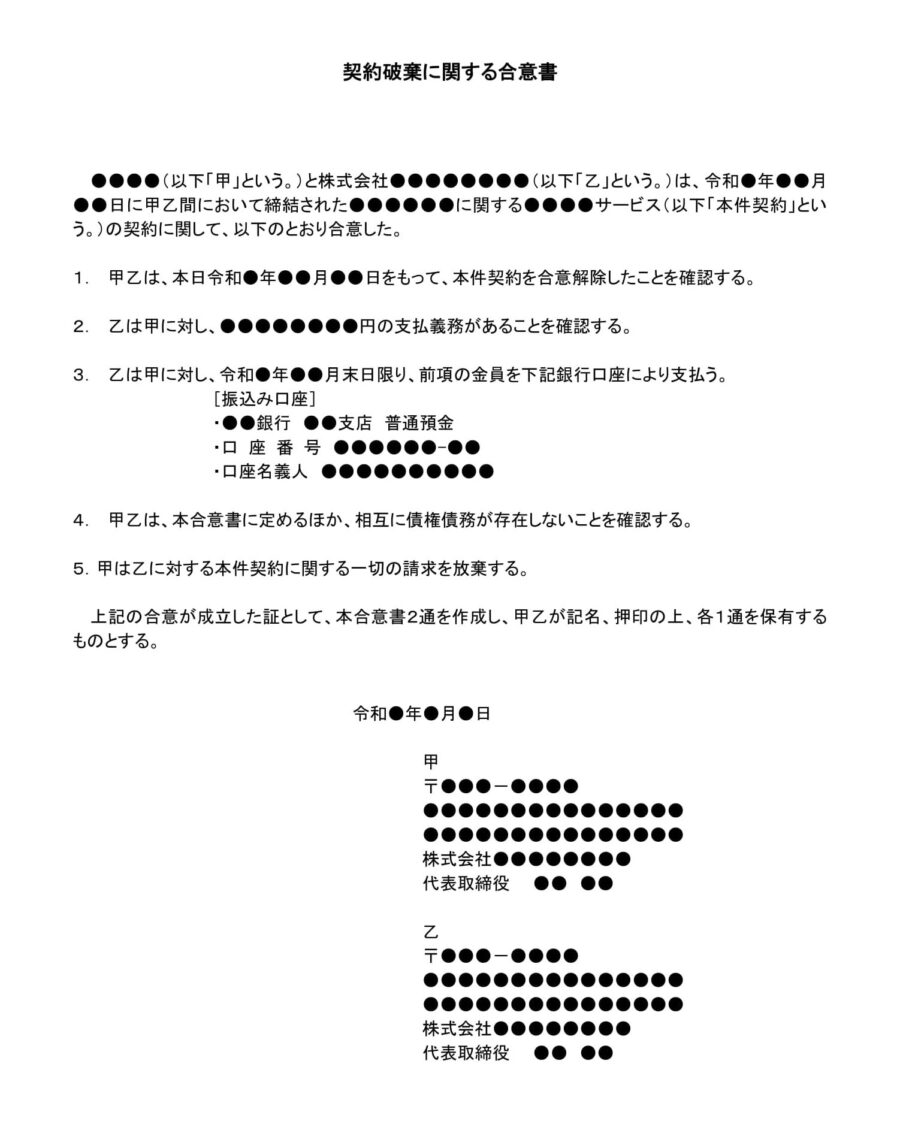 合意書（契約破棄）のダウンロード